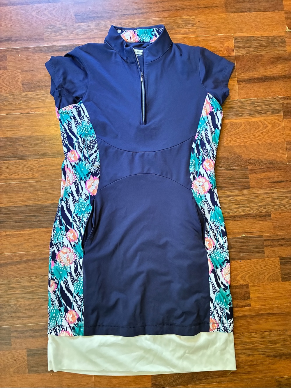 Pebble Beach Navy Zip-Front Athletic Top with Tropical Print Trim